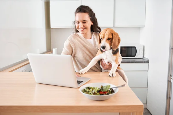 Nő dolgozik laptop otthon — Stock Fotó