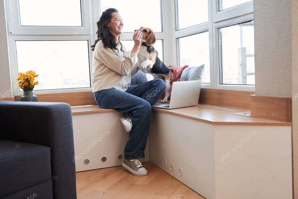 Woman laughing out loud while her dog distracting her from the work