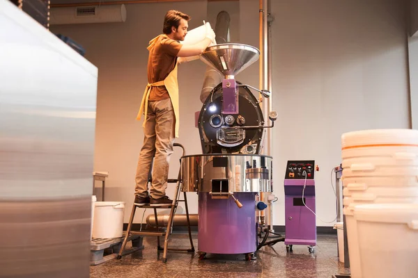 İşçi her ihtimale karşı kahve çekirdeği dolduruyor.