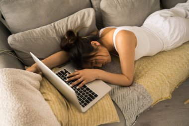 Dişi, işten sonra dizüstü bilgisayarın yanında uyurken rahat bir kanepede yatıyor.