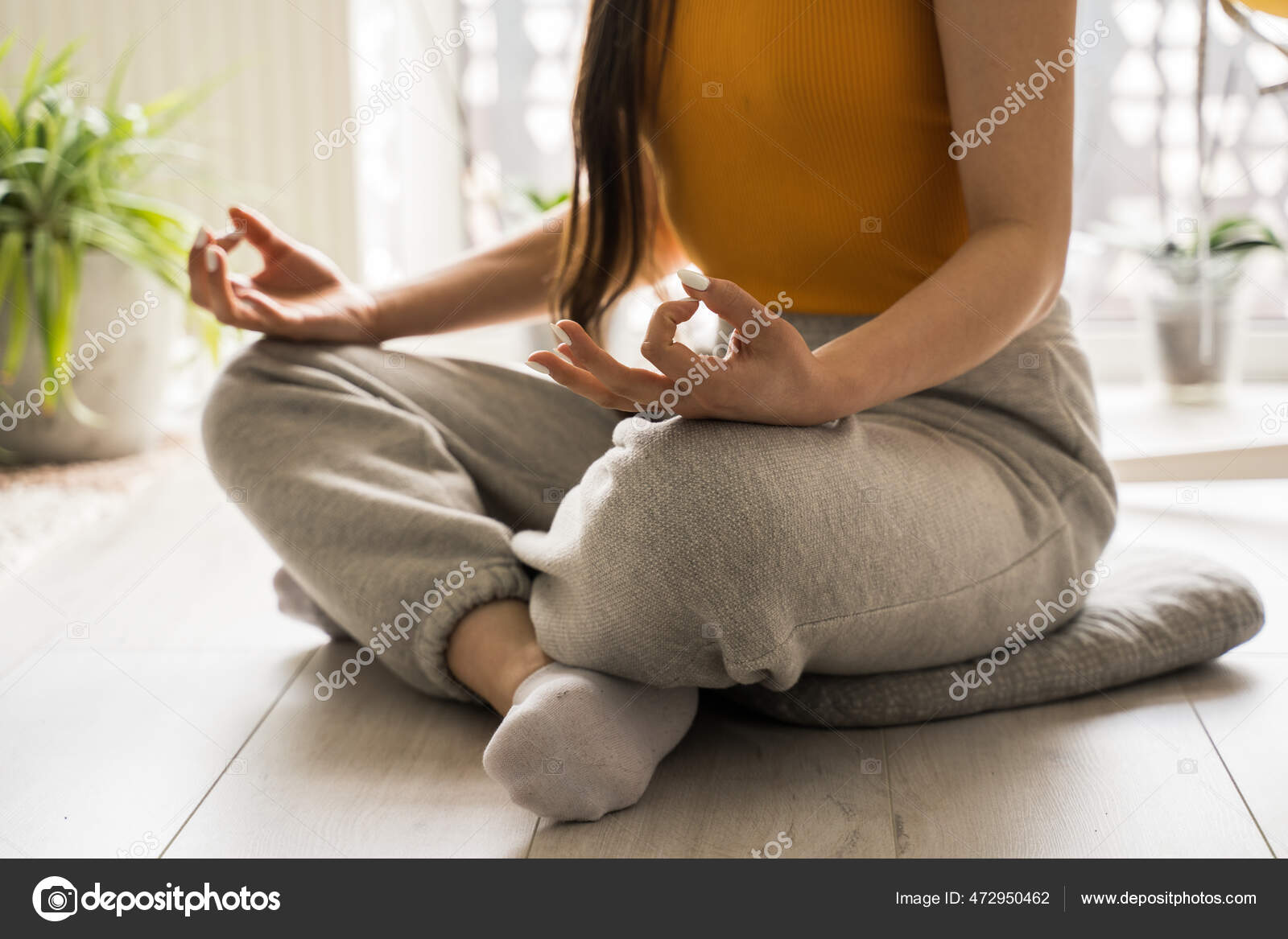 Happy woman with closed eyes sitting in lotus position practicing yoga  vector flat illustration. Smiling female with crossed legs meditating on  mat isolated on white. Relaxed person enjoying leisure 21607862 Vector Art