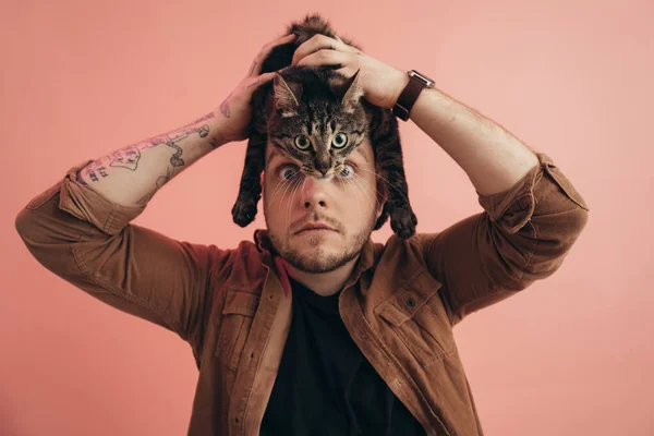 Han höll sin randiga katt i huvudet och skrattade när han poserade i studion. — Stockfoto