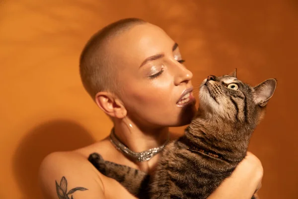 Mujer sosteniendo en las manos a su gato rayado y mirándolo en el estudio —  Fotos de Stock