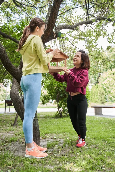 Midget woman adjusting birds feeder at the tree with her best friend