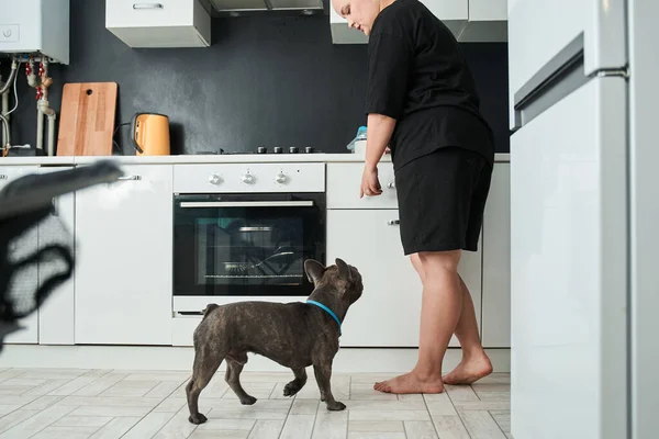 La mujer está dando órdenes a su perro impaciente antes de alimentarse mientras sostiene el tazón con comida — Foto de Stock