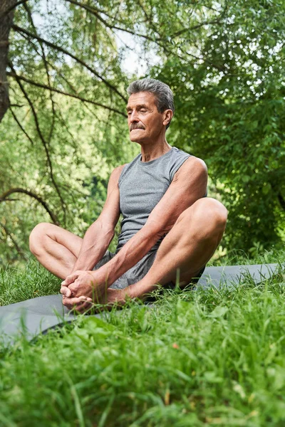 Gelassener reifer Mann genießt Meditation rund um die Bäume — Stockfoto