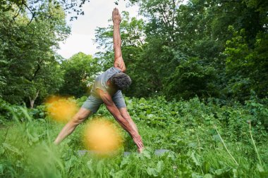 İnsan ormanda egzersiz yaparken kıvrılıp esnek hisseder.