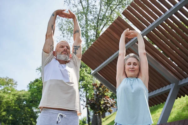 Zufriedenes Senioren-Paar steht mit erhobenen Armen beim Training im Freien — Stockfoto