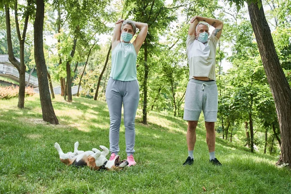 Védőmaszkot viselő házastársak egészségesnek érzik magukat reggeli testmozgás közben — Stock Fotó
