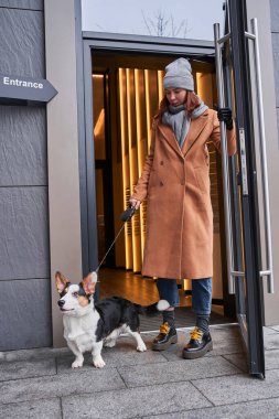 Corgi köpeğinin tasmasını tutan protez kollu bir kadın.