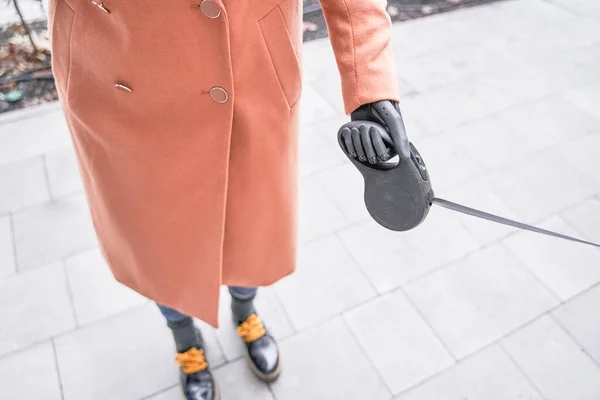 Mädchen mit Prothesen geht mit Hund auf der Straße spazieren — Stockfoto