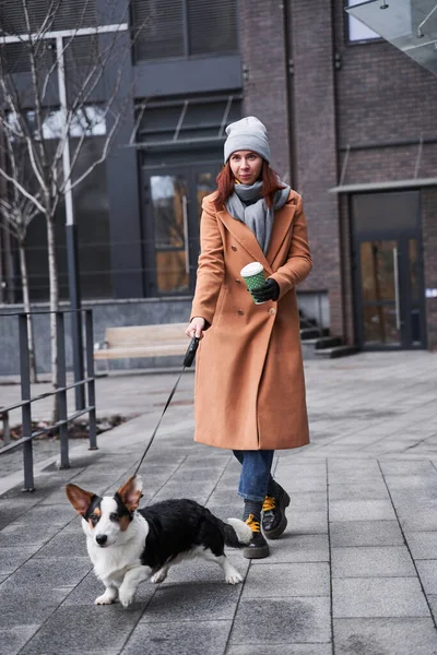 Женщина с протезной рукой держит на поводке своего корги-пса — стоковое фото