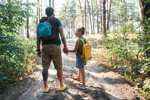 松の木の森を歩く娘と父 — ストック写真