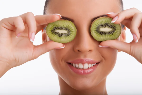 Beautiful young woman with healthy fruit on her skin — Stok fotoğraf