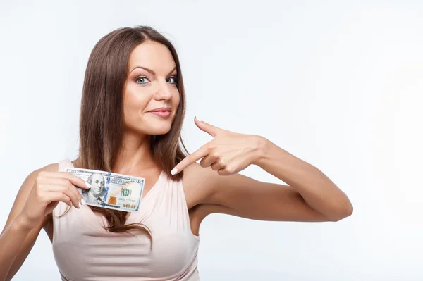 Attractive young healthy girl is showing money — Stockfoto