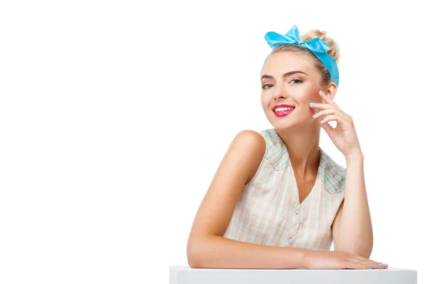 Cheerful young blond woman is presenting her healthy skin — Stock Photo, Image