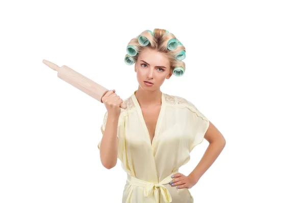 Beautiful young housewife is showing her irritation — Stock Photo, Image