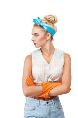 Beautiful young woman is refusing to do cleanup