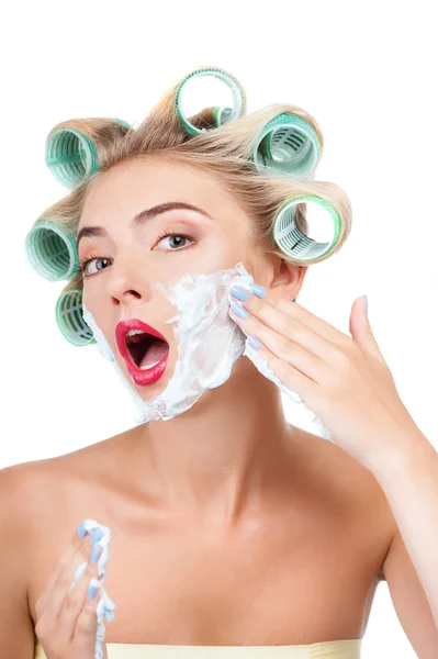 Attractive young girl is making fun in bathroom — Stock Photo, Image