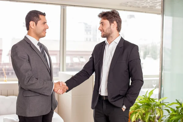 Knappe jonge zakelijke partners consensus een over de bijeenkomst van — Stockfoto