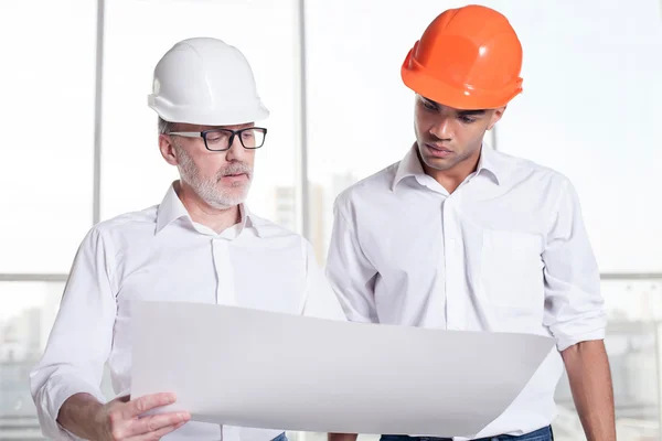 Trabajadores exitosos planean construir una nueva construcción — Foto de Stock