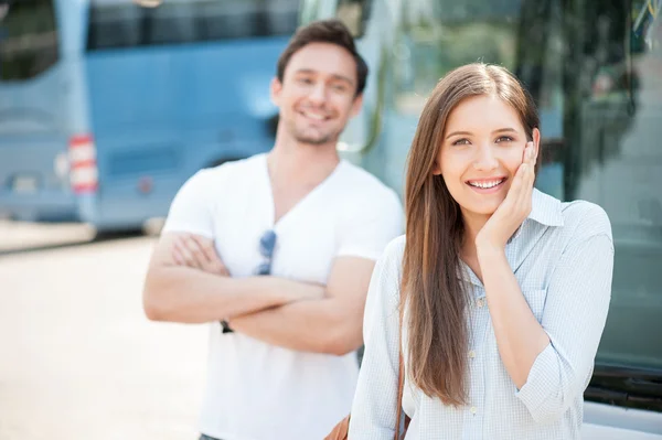 Beautiful young girl is flirting with guy — Stock Photo, Image