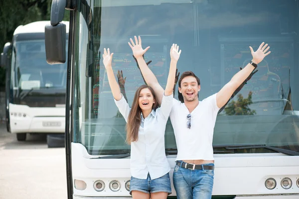 Pretty loving couple is traveling by public transport — Stock Photo, Image