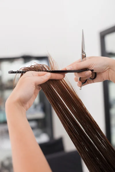 Experienced young hairdresser is making haircut to her client — Stock Fotó