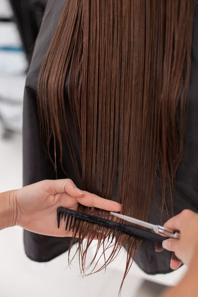 Professional hairstylist is making haircut to a customer — 스톡 사진