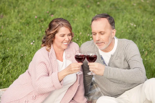 Alegre viejo casado pareja es descansando en la naturaleza —  Fotos de Stock