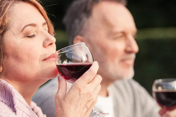 Mooie oude verliefde paar is ontspannen in de natuur — Stockfoto