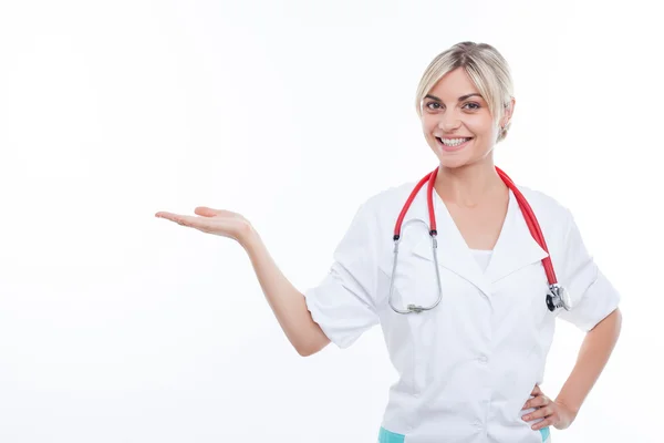 Cheerful young general practitioner is presenting her job — Φωτογραφία Αρχείου