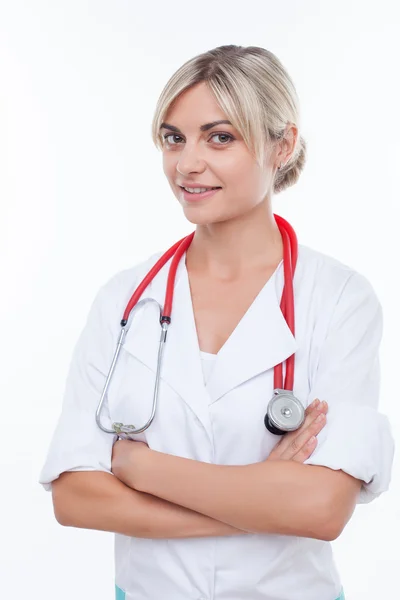 Attractive young female doctor is working with joy — Stok fotoğraf