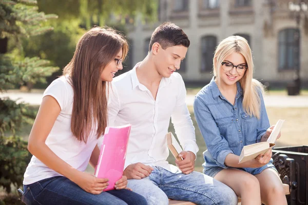 Cheerful young friends are doing homework outdoors — Stockfoto