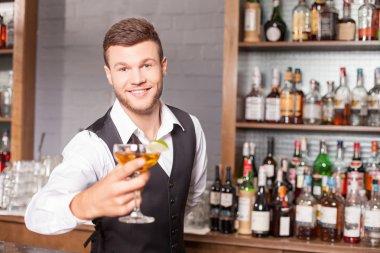 Cheerful male bartender is serving his customer