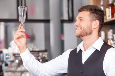 Handsome male bartender is working in pub
