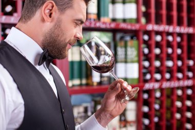 Attractive male sommelier is tasting alcohol drink