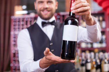 Handsome young male sommelier in liquor store