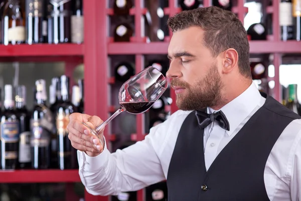 Sommelier masculino alegre está analisando a qualidade da bebida — Fotografia de Stock