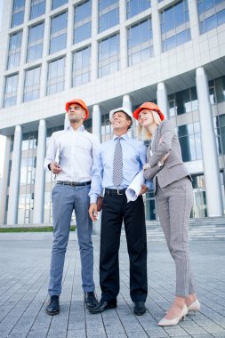 Professional three builders are planning new construction