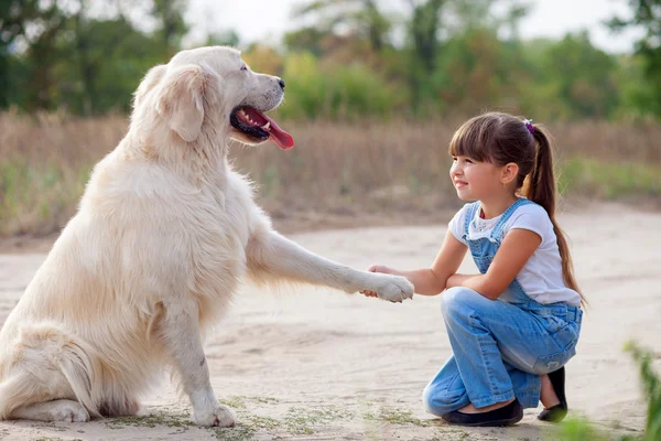 Cheerful small female child with pet in park — Stock Photo, Image