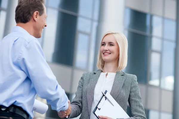 Experienced young business partners are shaking hands — Stockfoto