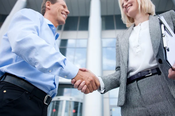 Skillful colleagues are greeting each other with handshake — Stock Photo, Image