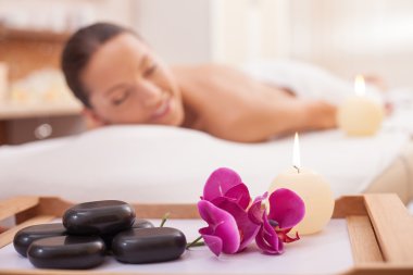 Cheerful model is resting at healthy resort