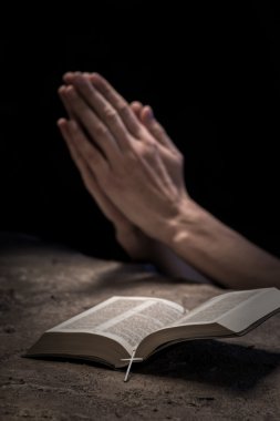 Christian lady with book prays for goodness