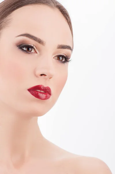 Cheerful young woman is getting make-up treatment — Stock Fotó