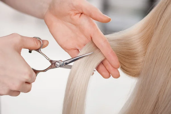 Skillful female hairstylist is cutting human hair — 스톡 사진
