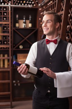Attractive male winehouse worker is serving a customer