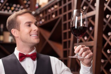 Handsome male waiter is working with beverage