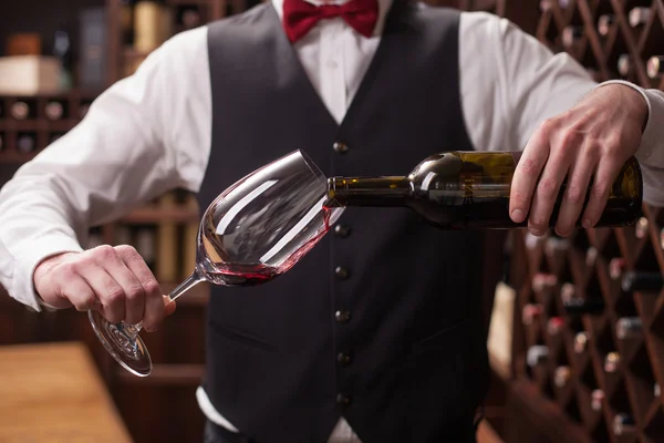 Garçom masculino alegre está servindo bebida alcoólica — Fotografia de Stock